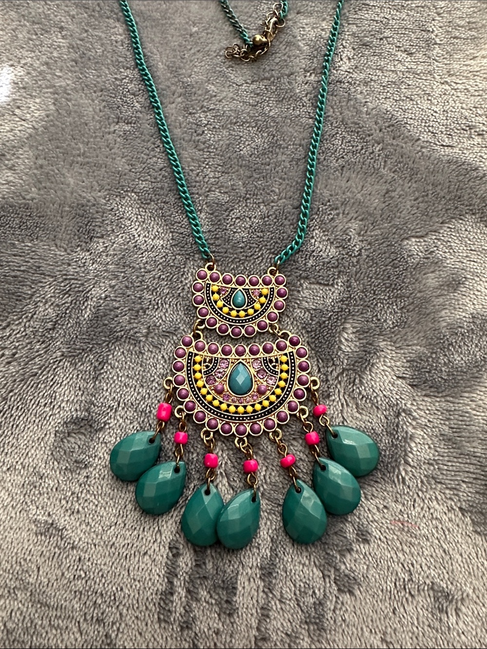 Boho Teardrop Pendant Necklace - Turquoise & Pink